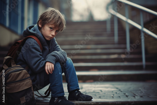 Depressed school boy sitting alone at stairs. Victim of school bullying. Stress and mental problem in childhood. Created with Generative AI