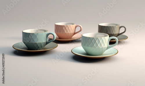 Wallpaper Mural  a group of four cups and saucers sitting on top of each other in different colors and patterns on a white table top with a gray background.  generative ai Torontodigital.ca