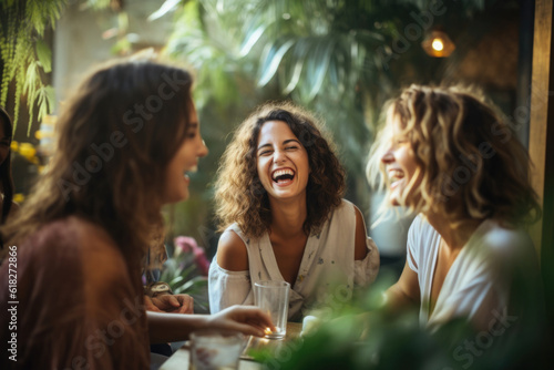 Happy female friends meeting in cafe. Group of people sitting in restaurant, talking and laughing. Women spending time together. Created with Generative AI