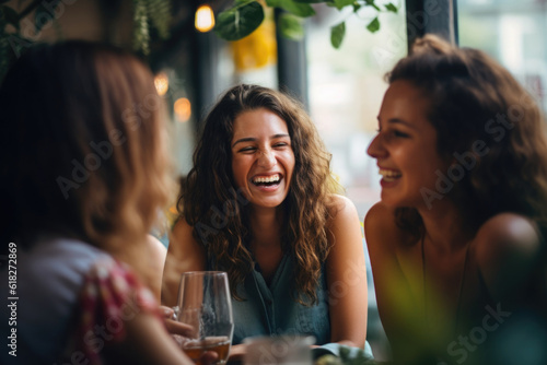 Happy female friends meeting in cafe. Group of people sitting in restaurant  talking and laughing. Women spending time together. Created with Generative AI