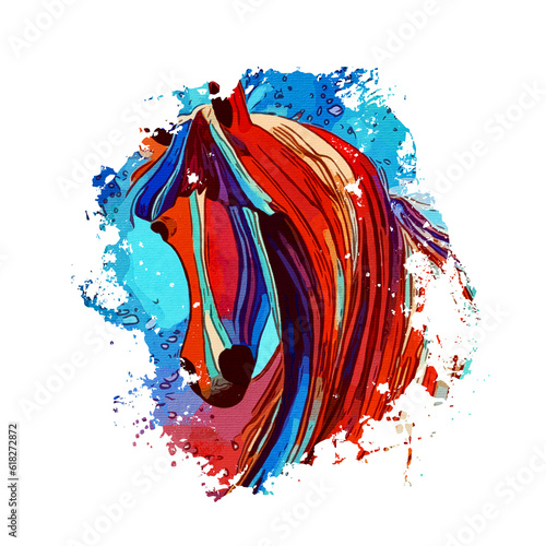 Horse . Watercolor painting on canvas . Logo design. For use on covers, business cards, T-shirt prints.  Generated by Ai