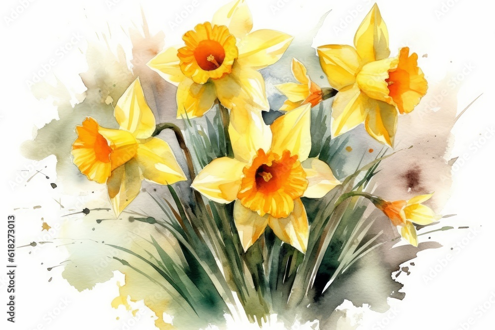 Golden Daffodils watercolor illustration. AI generated