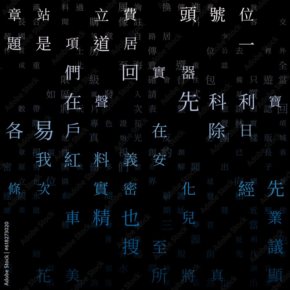 Abstract background. Random Characters of Chinese Traditional Alphabet. Gradiented matrix pattern. Purple blue color theme backgrounds. Tileable horizontally. Vibrant vector illustration.