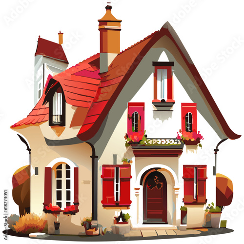 Vector art with cute colored french house in cartoon style.