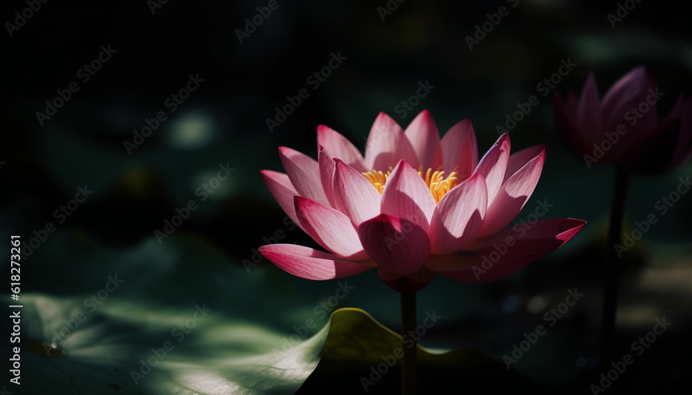 Obraz premium Tranquil scene of lotus blossom in pond generated by AI