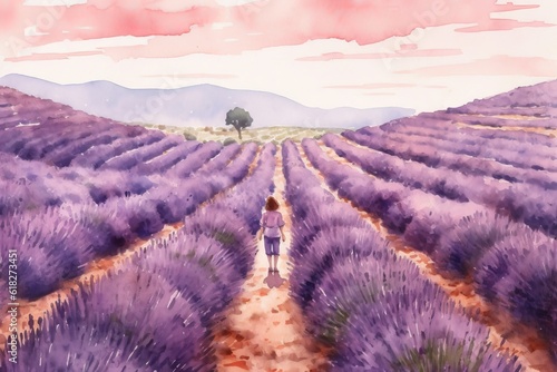 Lavender Fields watercolor illustration. AI generated