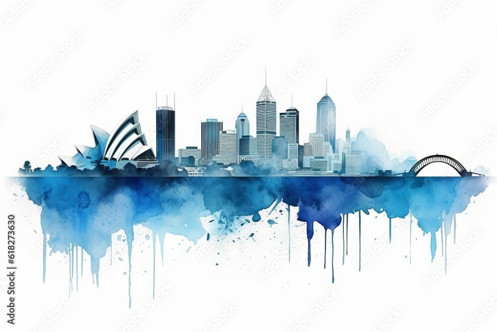 A Captivating Watercolor-style Blue Silhouette of Sydney Skyline, Against a White Background, Showcasing the Iconic Landmarks and Lively Spirit of Australia Vibrant Harbour City