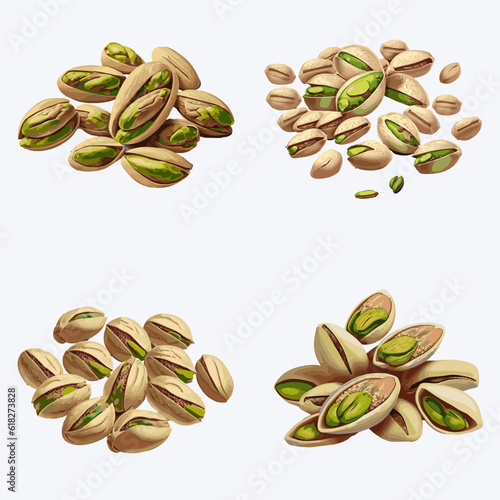 Pistachios set. Vector illustration of pistachio nuts.