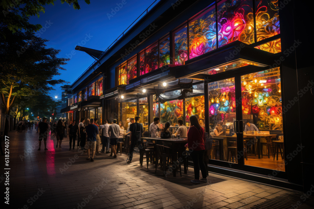 Illustration of a Bar with many people looks like a happy hour. Generative AI