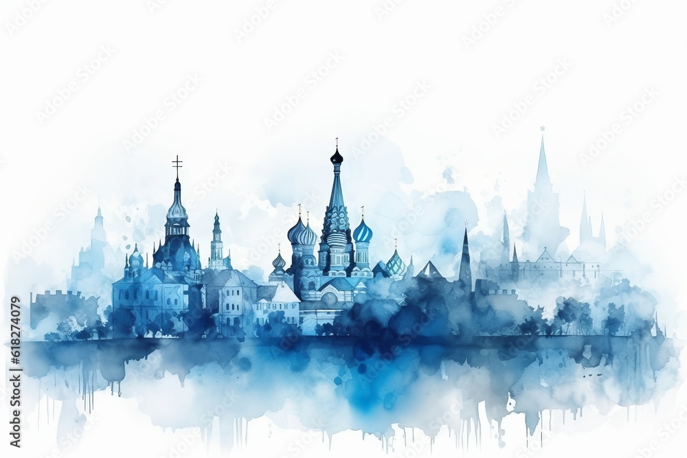 moscow skyline, A Captivating Watercolor-style Blue Silhouette of Moscow Skyline, Against a White Background, Rich Cultural Heritage of Russia Captivating