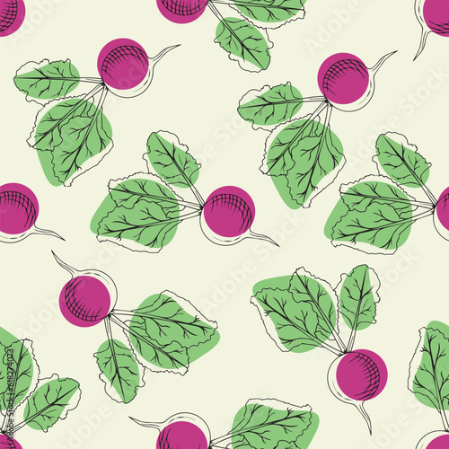 Seamless pattern of fresh red beets with green leaves on a dark background