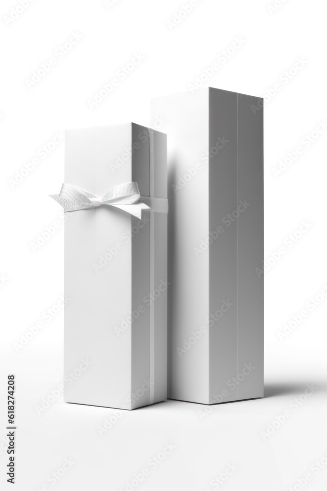 mock-up of two white cardboard rectangular packaging boxes, on a light background. Generative AI mock-up of two white cardboard rectangular packaging boxes, on a light background. Generative AI