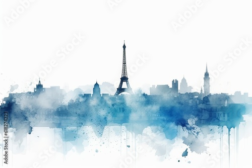 paris skyline, A Captivating Watercolor-style Blue Silhouette of Paris Skyline, Set against a White Background, Uniting Artistic Flair