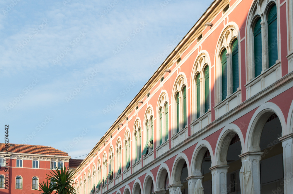 Famous Prokurative landmark with colorful red facades in Split, Croatia