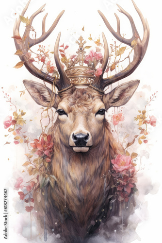 Majestic stag with a regal gaze watercolor. AI generated