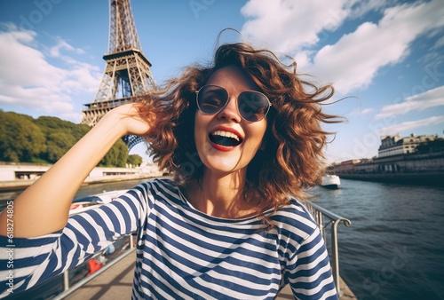 Fototapeta a girl taking a selfie in paris with the eiffel tower