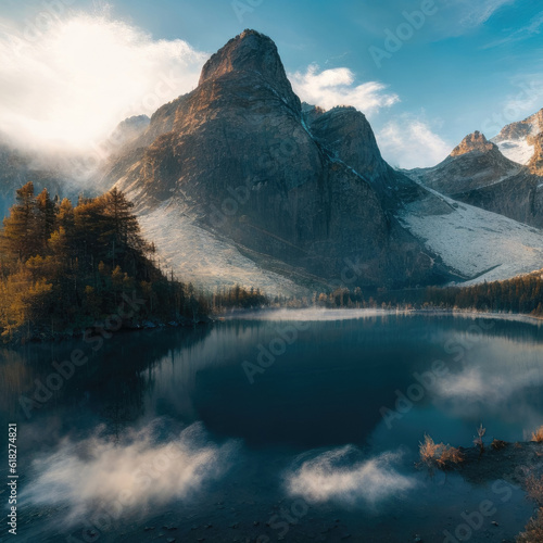 Beautiful landscape of the lake and mountains. The concept of lovely views of the landscape of the earth. Generative Ai  Ai.