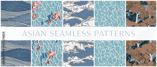 Asian seamless patterns set, Forest design, Ocean, Sea, Wave, Water, Fish, Traditional design, Vector illustration