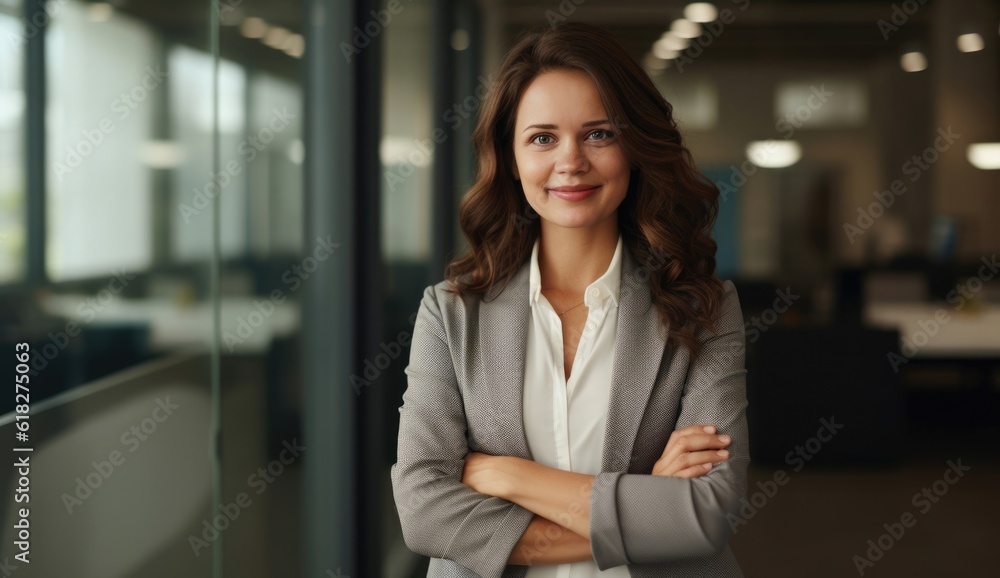 happy businesswoman at office with arms crossed happy businesswoman at office with arms crossed