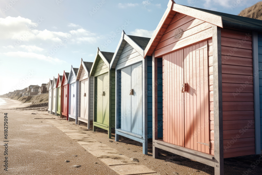 A row of charming beach huts, offering a delightful seaside view. Generative Ai, Ai. A row of charming beach huts, offering a delightful seaside view. Generative Ai, Ai.