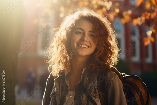 Young female student on campus during a sunny day. Generative AI image.