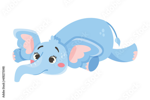 Cute Blue Baby Elephant Character Lying with Large Ear Flaps and Trunk Vector Illustration