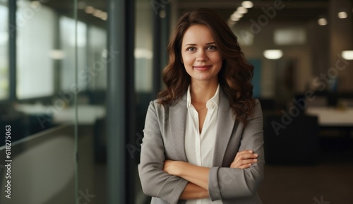 happy businesswoman at office with arms crossed