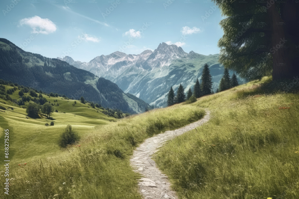 Hiking trail, surrounded by meadows, trees, and the majestic Mountain range in the background. Generative Ai, Ai.