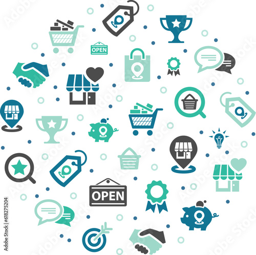 Buy local vector illustration. Blue concept with connected icons related to supporting small business or retailer, shopping in local retail store, customer loyalty.