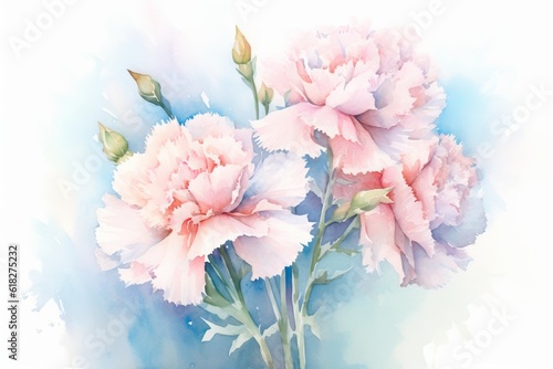 Pastel Carnations watercolor illustration. AI generated