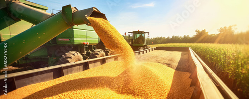 Harvester pouring freshly harvested corn maize seeds or soybeans into container trailer near, closeup detail, afternoon sunshine. Agriculture concept. Generative AI