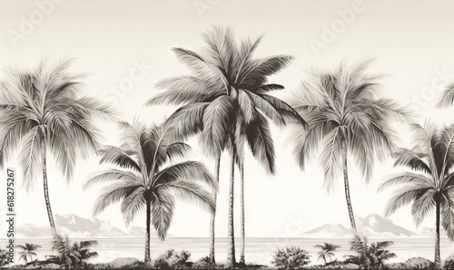  a black and white photo of a palm tree lined beach with mountains in the distance and clouds in the sky in the distance, with a black and white background.  generative ai