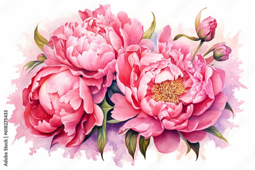 Peonies in Bloom watercolor illustration. AI generated