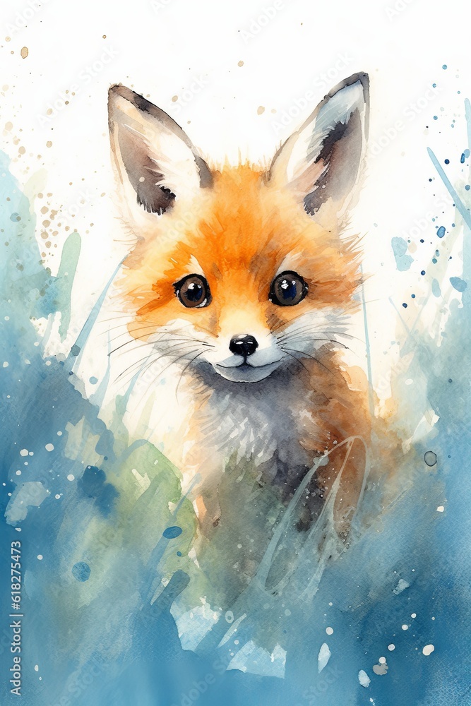 Playful fox with big curious eyes watercolor. AI generated