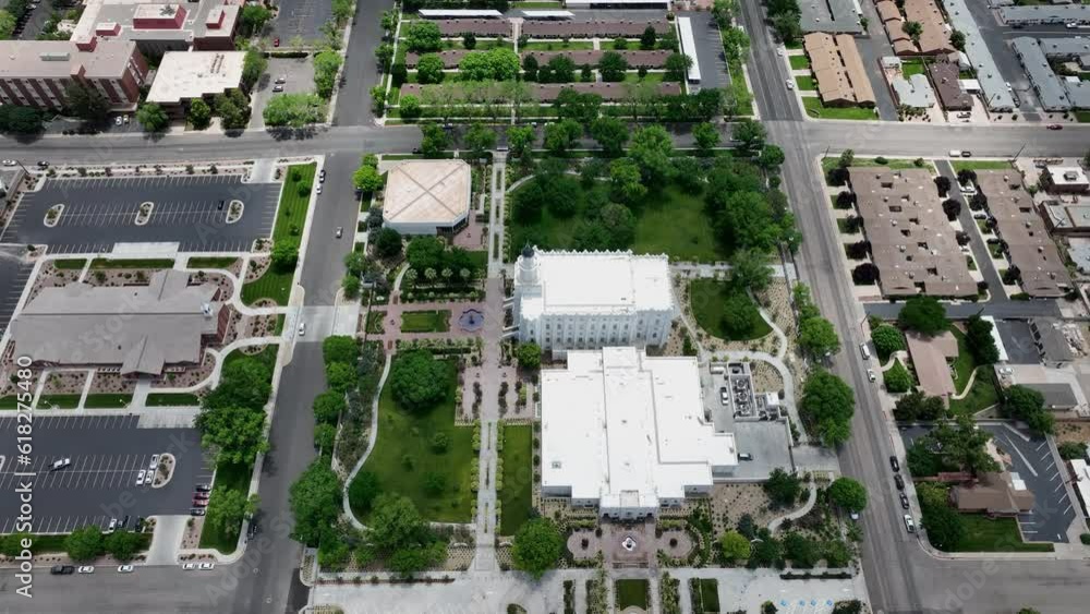 Aerial St George Utah LDS Temple full circle 2. Southwestern desert. Pioneer temple in residential area built in 1877. First LDS temple in Utah. The Church of Jesus Christ of Latter-day Saints. Aerial St George Utah LDS Temple full circle 2. Southwestern desert. Pioneer temple in residential area built in 1877. First LDS temple in Utah. The Church of Jesus Christ of Latter-day Saints.