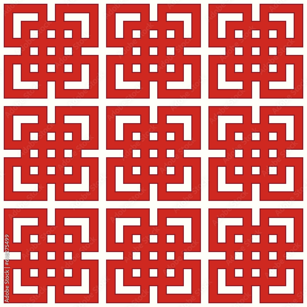 Seamless Chinese window tracery surface pattern design. Repeated white squares, angle brackets, lines on red background. Ancient ethnic ornament wallpaper. Oriental motif, textile print. Vector art.