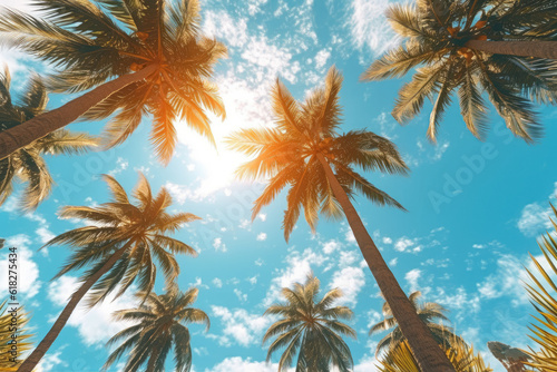 The view from below captures a blue sky and palm trees, presented in a vintage style, evoking a tropical beach and summer atmosphere. It represents the concept of travel. Generative Ai, Ai. © Sebastian