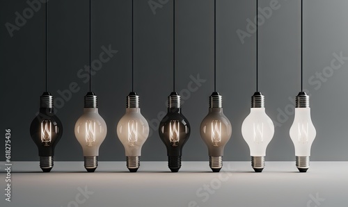  a group of light bulbs hanging from a line of lightshades in a dark room with a gray wall in the background and one light bulb turned on.  generative ai photo