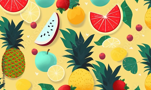  a bunch of fruit that are on a yellow background with a pattern of pineapples  watermelon  lemons  and strawberries.  generative ai