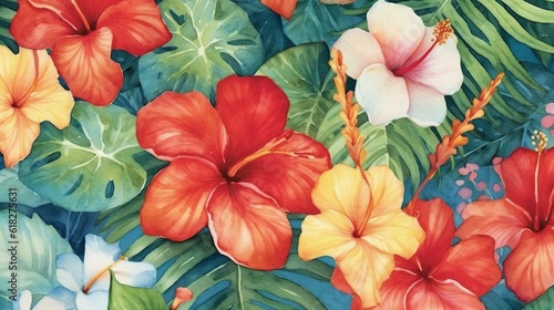 Wallpaper Mural Plumerias and Hibiscus in a Tropical Paradise watercolor. AI generated Torontodigital.ca