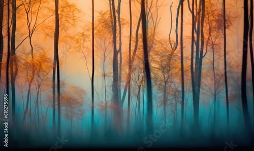  a painting of a forest with trees in the foreground and a blue sky in the background with orange and yellow colors in the sky. generative ai