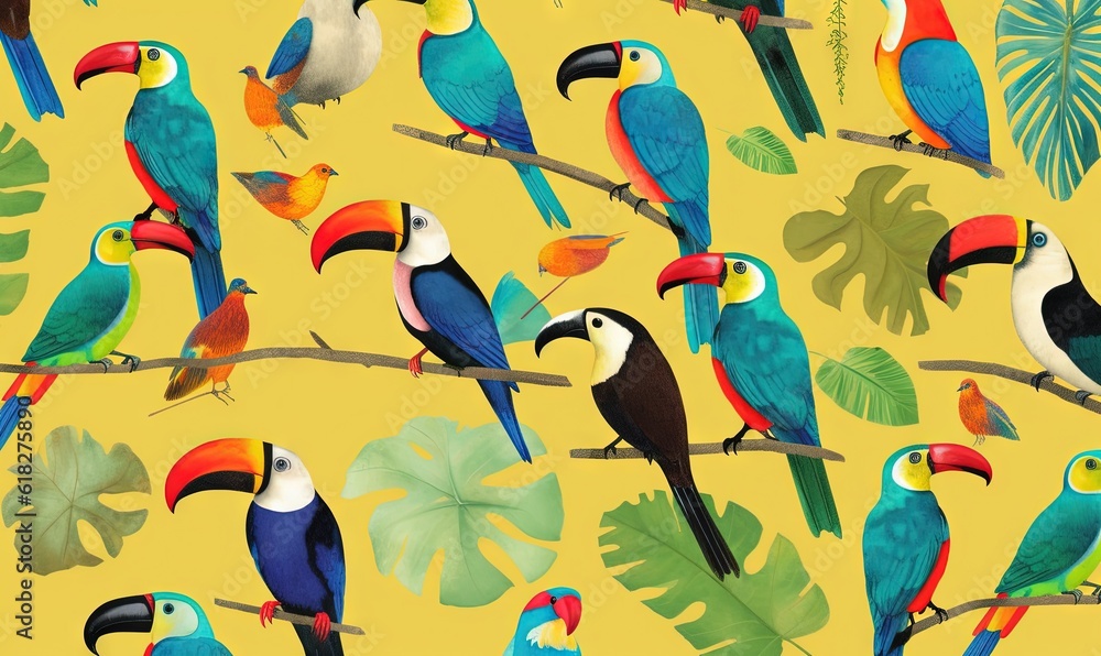 a group of colorful birds sitting on top of a tree branch in front of a leafy yellow background with palm leaves and a toucan leaf. generative ai a group of colorful birds sitting on top of a tree branch in front of a leafy yellow background with palm leaves and a toucan leaf. generative ai