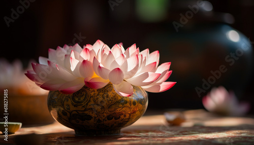 Pink lotus blossom in ornate flower pot   generated by AI