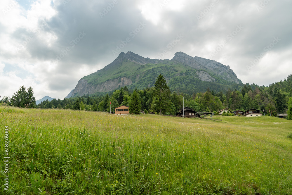 Fototapeta premium Alpine scenery at the lake Waegitalersee in Switzerland