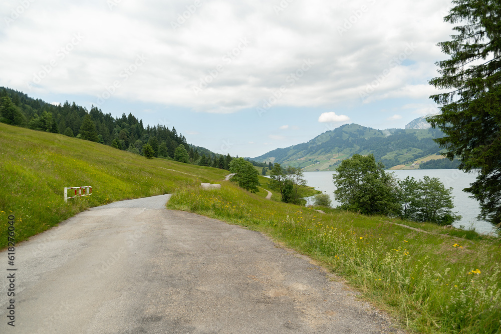 Lake Waegitalersee in an alpine scenery in Switzerland