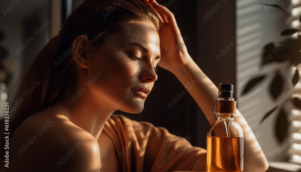 Young woman enjoys beauty treatment indoors, serene generated by AI Young woman enjoys beauty treatment indoors, serene generated by AI
