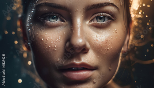 Serene young woman smiles in wet reflection   generated by AI