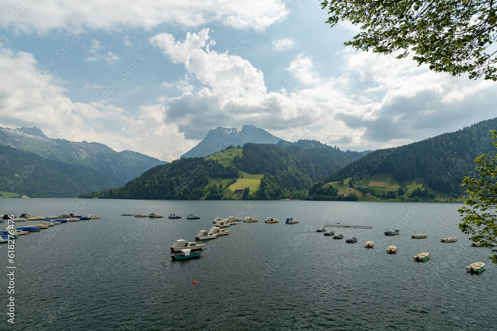 Small boats on the lake Waegitalersee in Switzerland