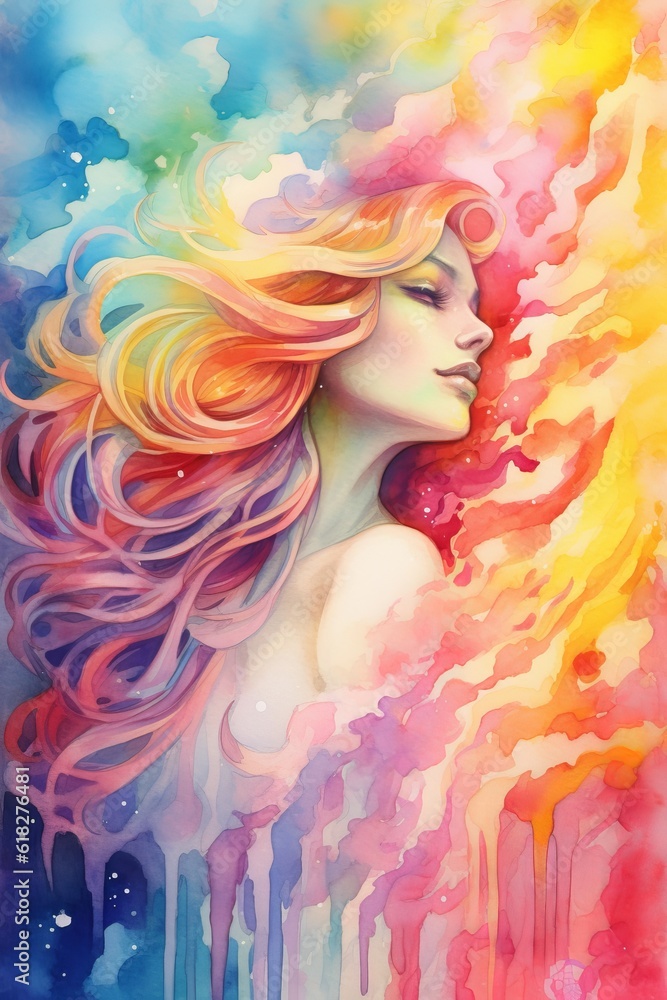 Fototapeta premium Rainbow Hues watercolor illustration. AI generated
