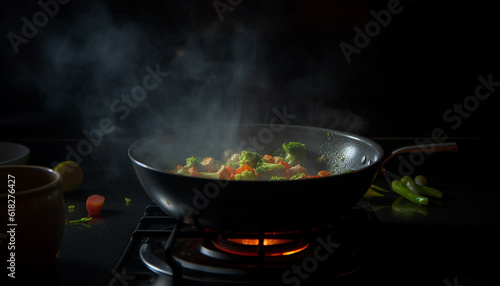 Healthy vegetable stew cooked on stove top generated by AI